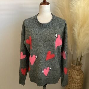 Women’s LOU & GREY Valentine’s Sweater with Pink Red Hearts White Wings Sz L